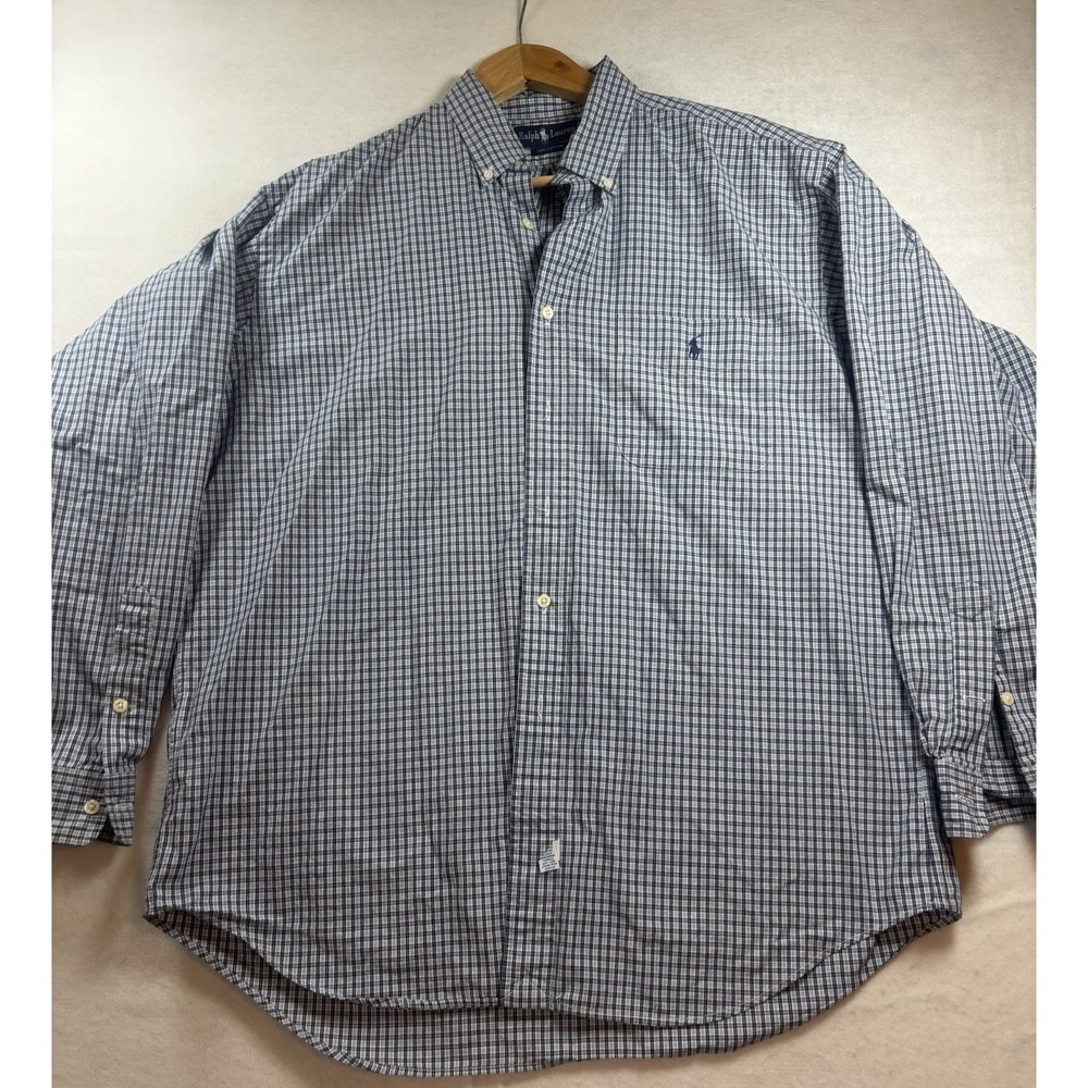 Ralph Lauren Mens Large‎ Button Down Shirt Blue White Plaid Check Logo Preppy